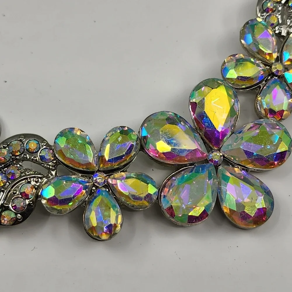 Disney AB Rhinestone Floral Bib Statement Necklace Silver Tone Iridescent Glam